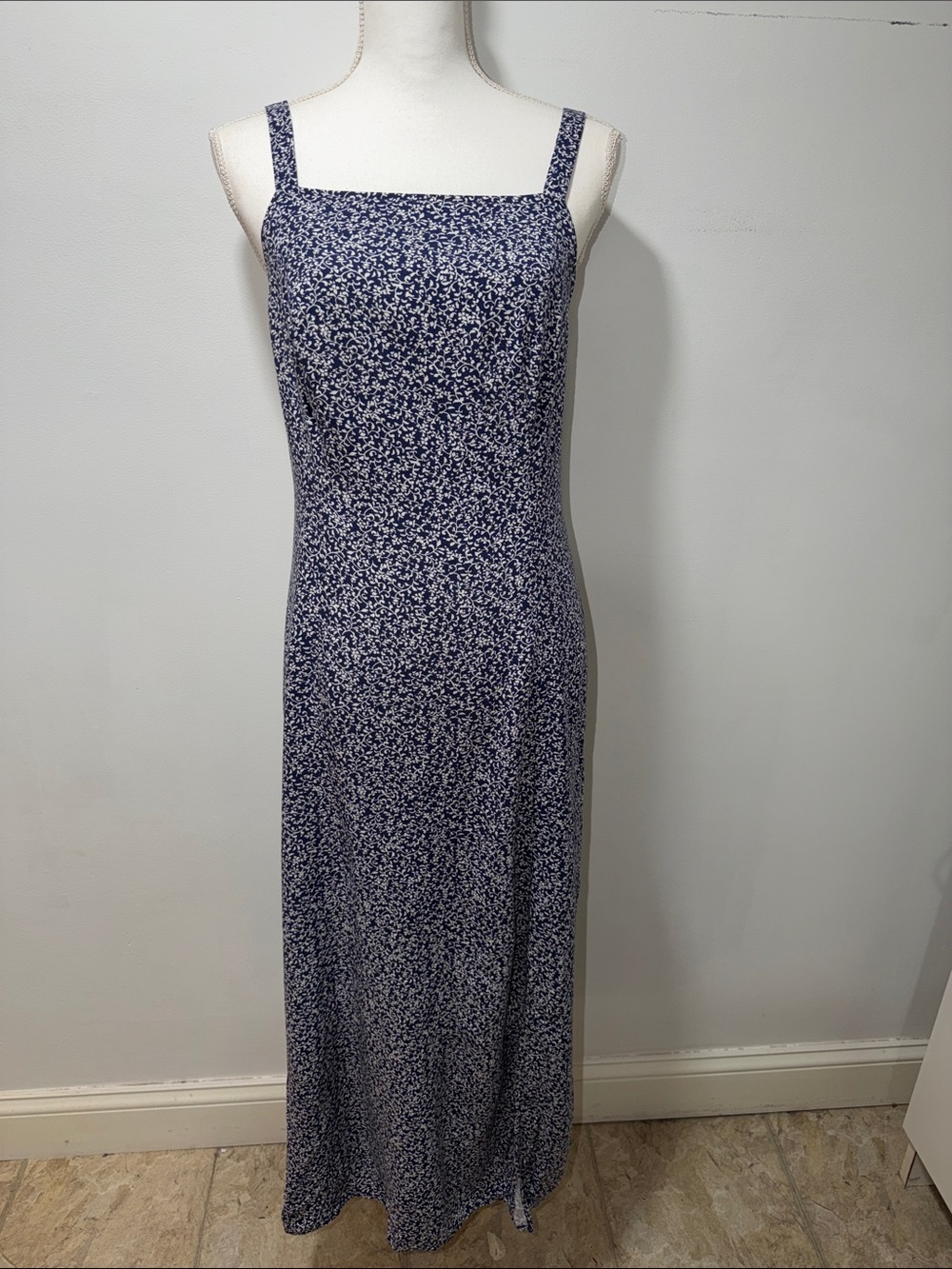Old Navy Women Navy Floral Square Neck Maxi Dress Slit M Tropical Summer Coastal